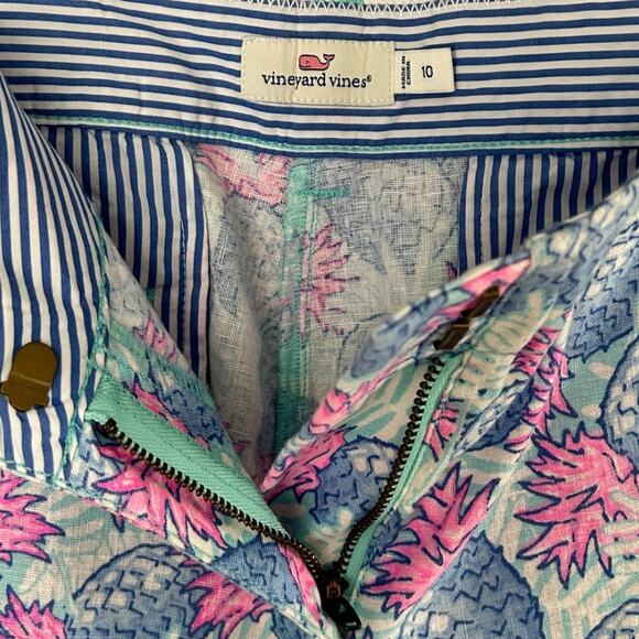 Vineyard Vines Pineapple Print Pant Women's 10 Linen Blend Crop Preppy Pink Blue - Picture 3 of 6